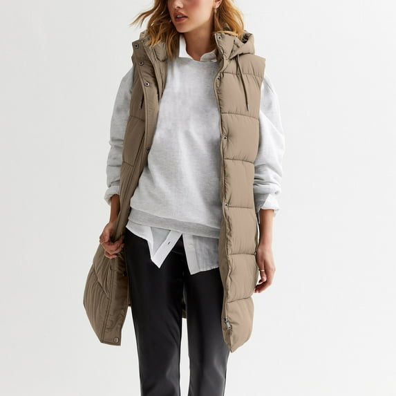 YDDIAN Puffer Vest Women Winter Warm Long Puffy Vest Sleeveless Fleece Zip Up Jacket Casual Knee Length Down Coats with Hood Beige S