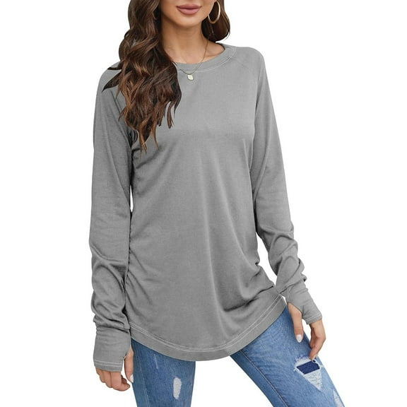 YDDIAN Long Sleeve Loose Shirts for Women Trendy Crewneck Oversized Tops Winter Cute Tunic Shirts with Thumb Holes Gray 3XL