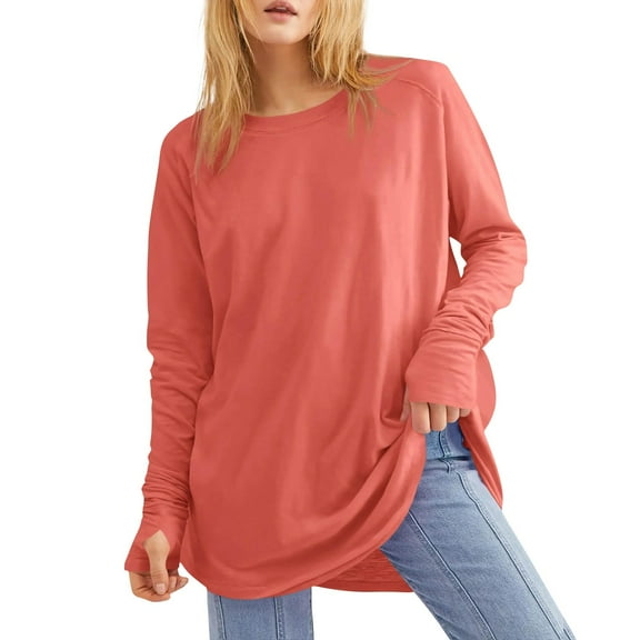 YDDIAN Long Sleeve Oversized Shirts for Women Casual Crewneck Loose Fit Sweaters Fall Cute Tunic Shirts with Thumb Holes Watermelon Red L