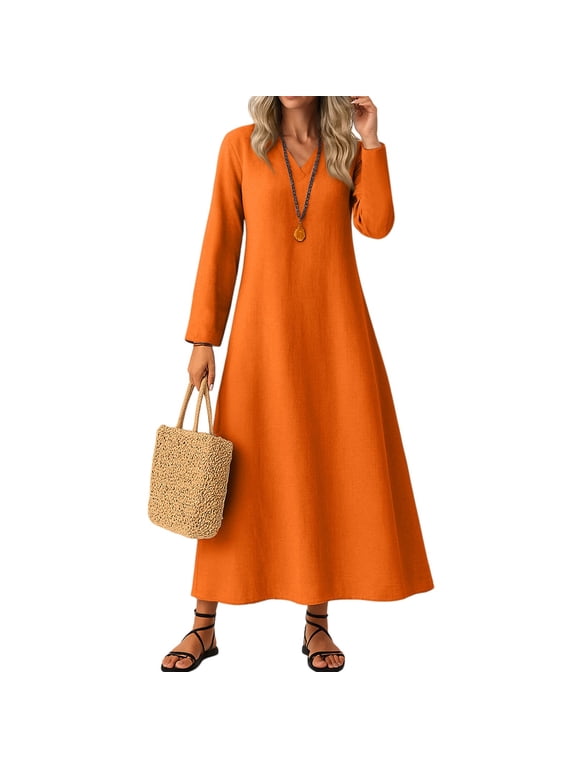 Long Sleeve Wrap Dress Elastic Plus Size Midi Dress V Neck Fall Casual Modest Maxi Dresses with Pockets Orange XXL