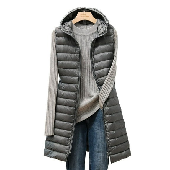 YDDIAN Long Vest Lightweight Womens Vests Outerwear Button Round Neck Sleeveless Long Down Vest No Collar Gray M
