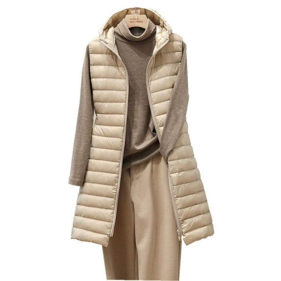 YDDIAN Long Vest Lightweight Womens Vests Outerwear Button Round Neck Sleeveless Long Down Vest No Collar Khaki 3XL