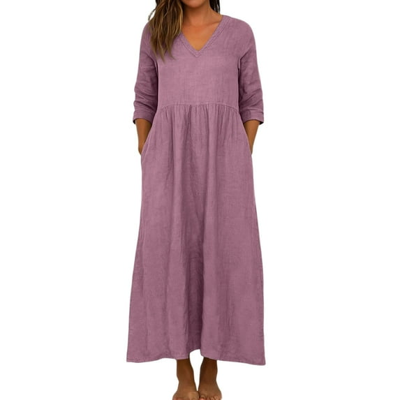 YDDIAN Loose Fitting Dress Womens Dresses Solid Color V-Neck Plus Size Maxi Dresses 3/4 Sleeve Summer Fashion Dressy Midi Dress with Pockets Purple M