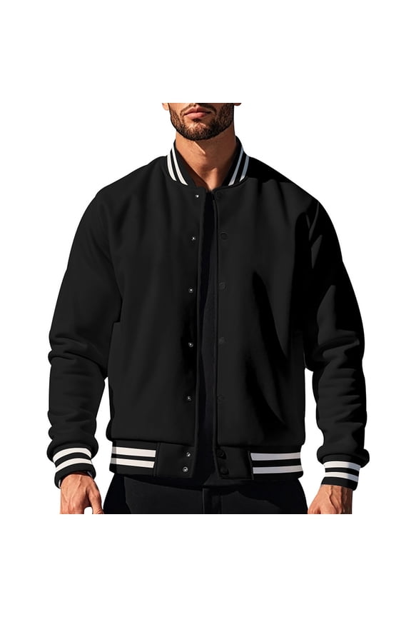 Men's Varsity Jacket Genuine Leather Sleeve and Wool Blend Letterman Boys College Varsity Jackets Black 3XL