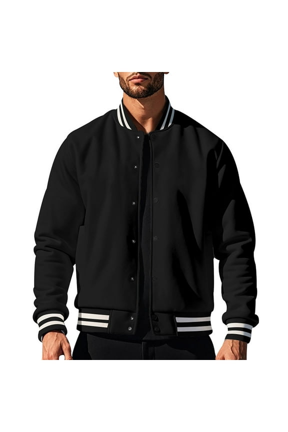Men's All Wool Bomber Style Letterman Baseball Knit Rib Varsity Jacket Black XL