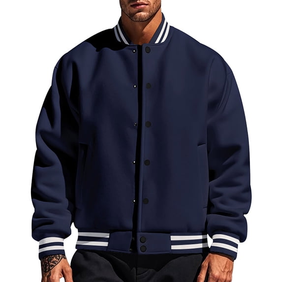 YDDIAN Men's All Wool Bomber Style Letterman Baseball Knit Rib Varsity Jacket Navy M