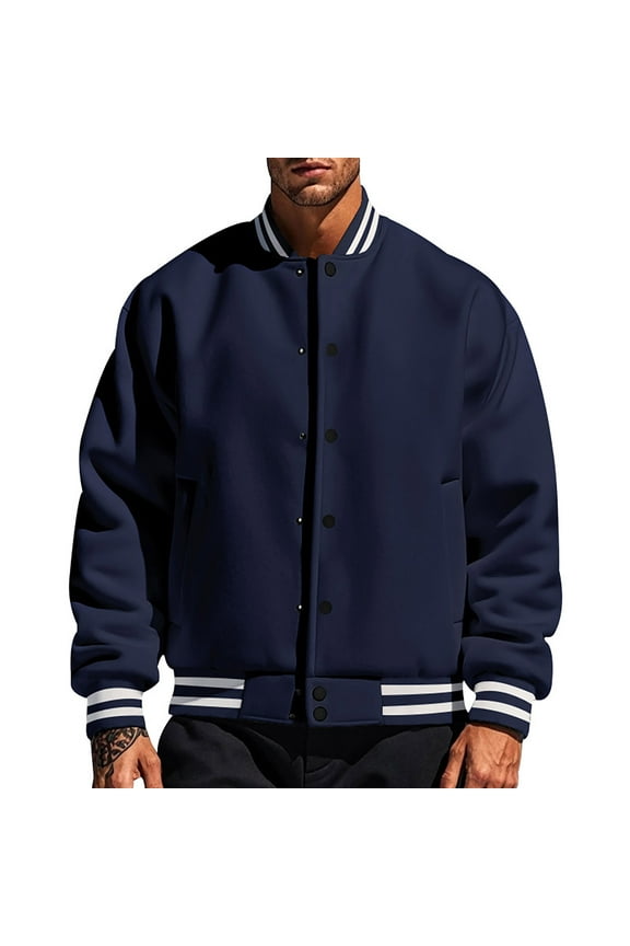 Men's All Wool Bomber Style Letterman Baseball Knit Rib Varsity Jacket Navy M