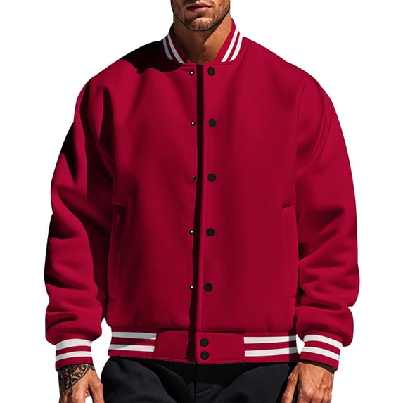 YDDIAN Men's All Wool Bomber Style Letterman Baseball Knit Rib Varsity Jacket Red L