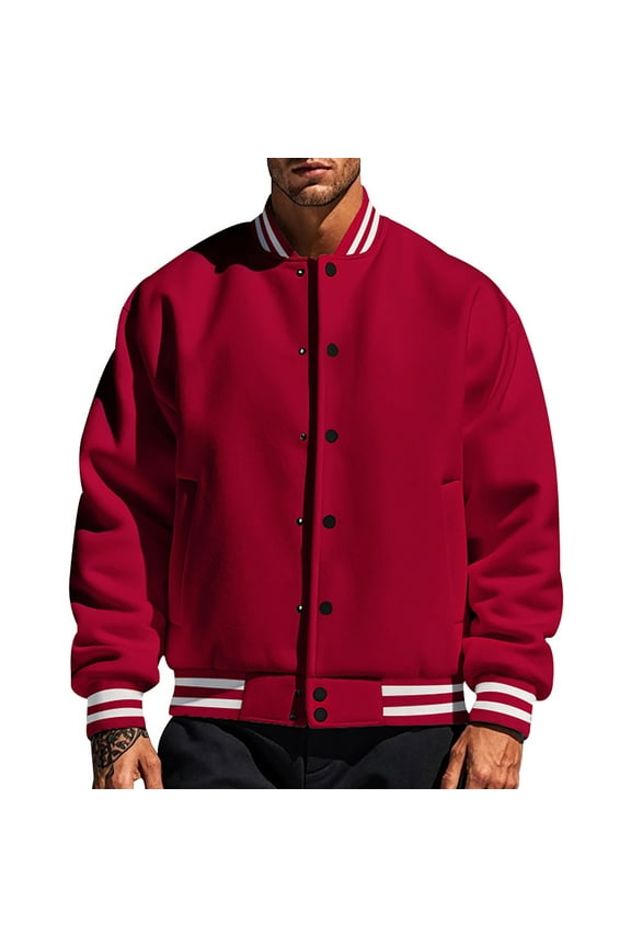 Men's All Wool Bomber Style Letterman Baseball Knit Rib Varsity Jacket Red M