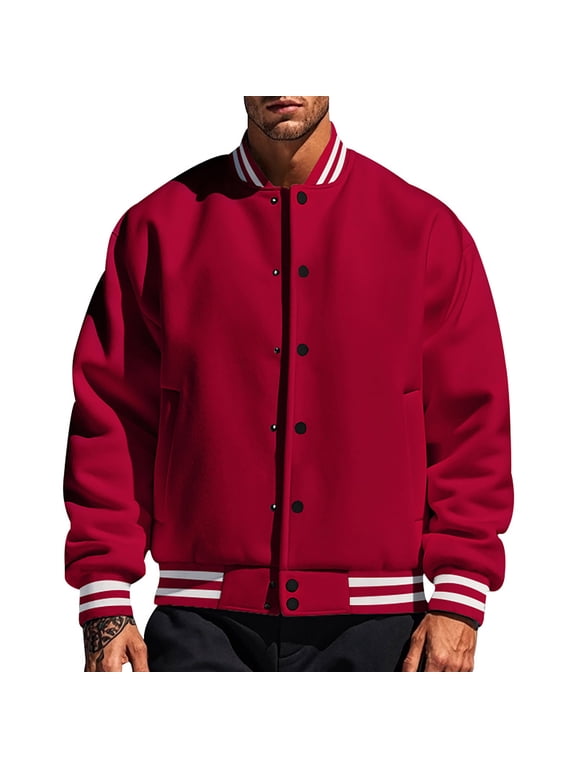 Men's All Wool Bomber Style Letterman Baseball Knit Rib Varsity Jacket Red XL
