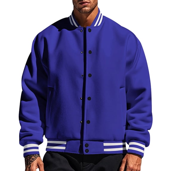 YDDIAN Men's All Wool Bomber Style Letterman Baseball Knit Rib Varsity Jacket Royal Blue XL