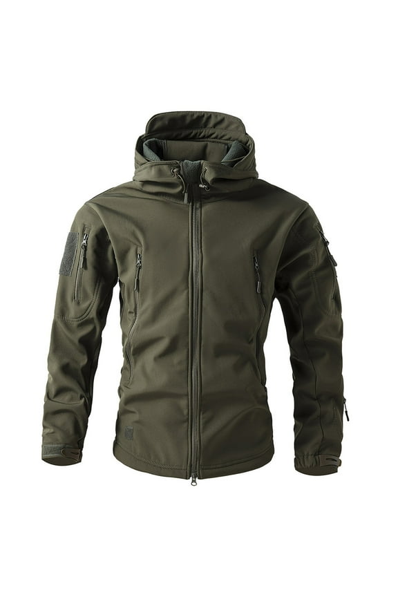 Men's Tactical Softshell Jacket Waterproof Fleece Hooded Hunting Coat Army Green 2XL