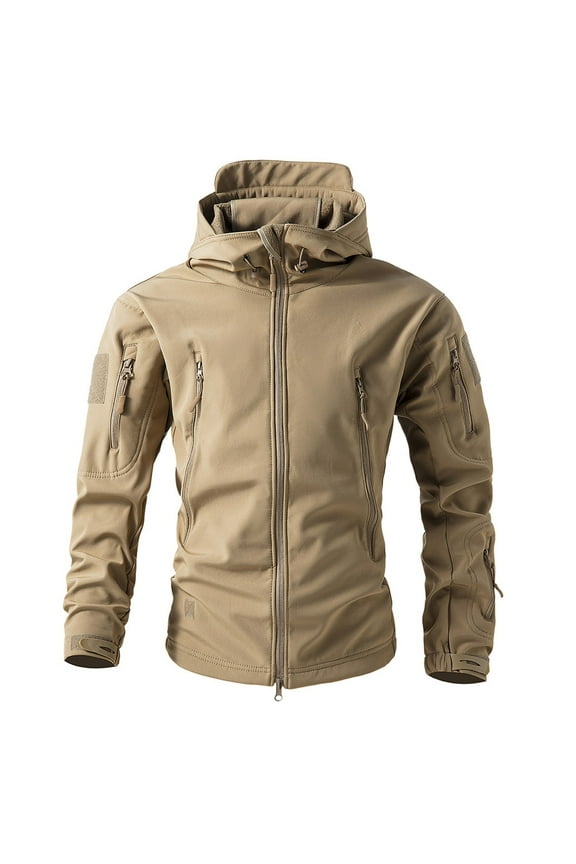 Men's Tactical Softshell Jacket Waterproof Fleece Hooded Hunting Coat Khaki L