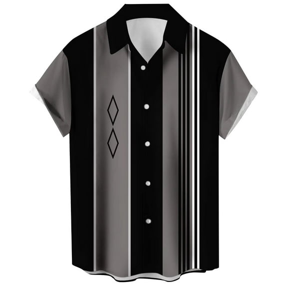 YDDIAN Men's Vintage Bowling Shirts 1950s Casual Short Sleeve Button Up Contrast Shirt Summer Color Block Cuban Shirts Black XXL