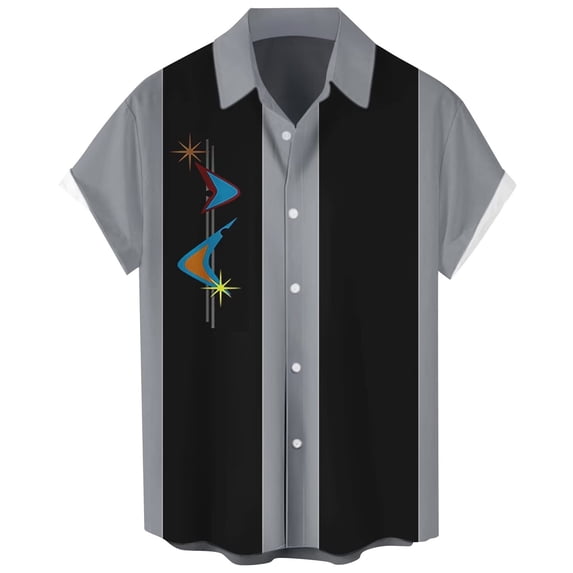 YDDIAN Men's Vintage Bowling Shirts 1950s Casual Short Sleeve Button Up Contrast Shirt Summer Color Block Cuban Shirts Dark Gray XXL