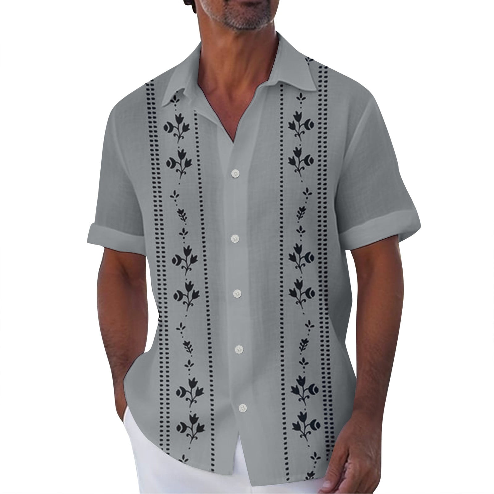 Men's Guayabera Cuban Shirt - Short Sleeve Button Down, Light Grey, Medium, 4 Pockets, Relaxed Fit - View #8