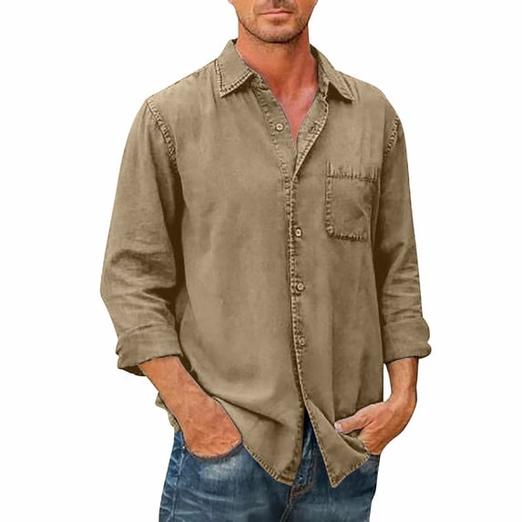 YDDIAN Mens Denim Shirt Long Sleeve Button Down Casual Vintage Durable Loose Fit Jean Shirt with Pockets Khaki L