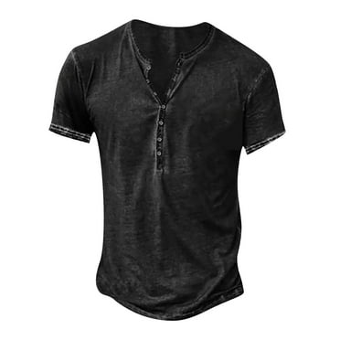 YDDIAN Mens Distressed Henley Shirts Retro Short Sleeve Tee Shirts Casual Button Down Washed T-Shirts for Men Black 4XL
