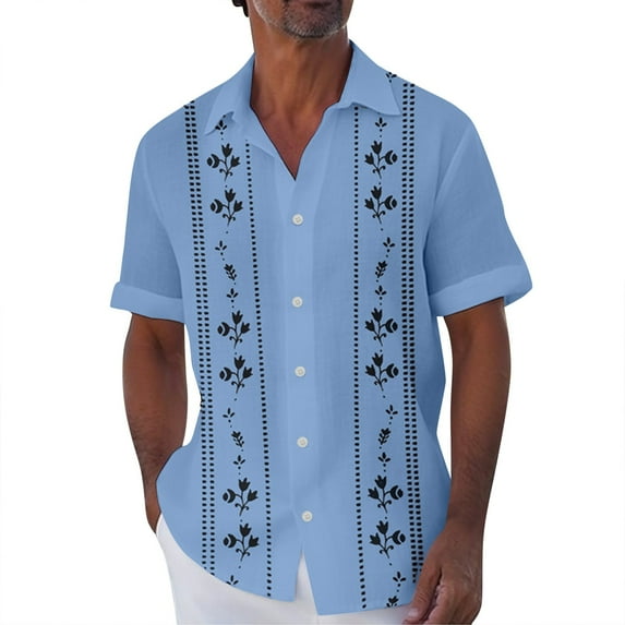 YDDIAN Mens Short Sleeve Guayabera Shirts Linen Cotton Button Down Mexican Embroidered Cuban Wedding Shirt Summer Tops Sky Blue XL