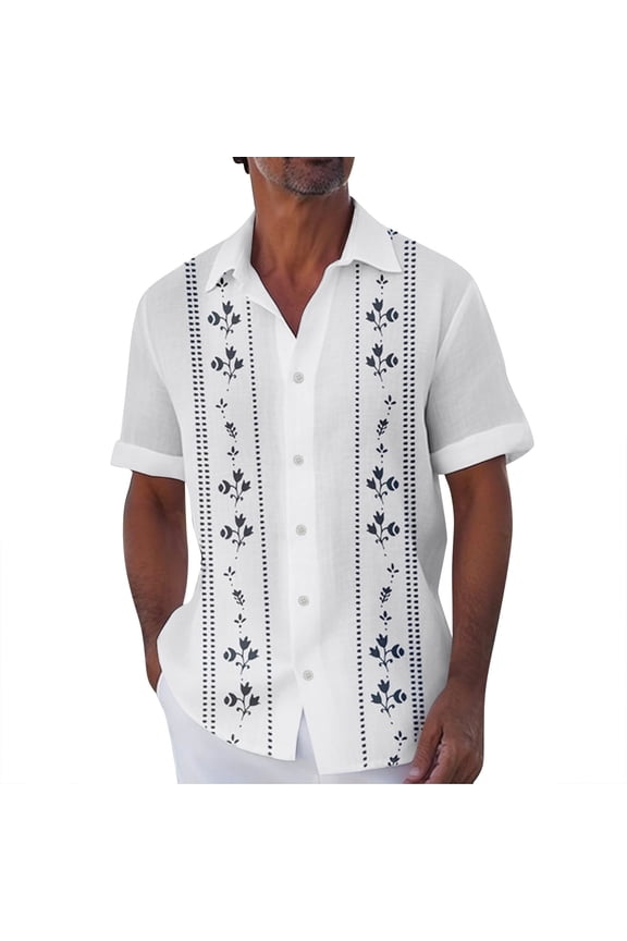 Mens Short Sleeve Guayabera Shirts Linen Cotton Button Down Mexican Embroidered Cuban Wedding Shirt Summer Tops White M