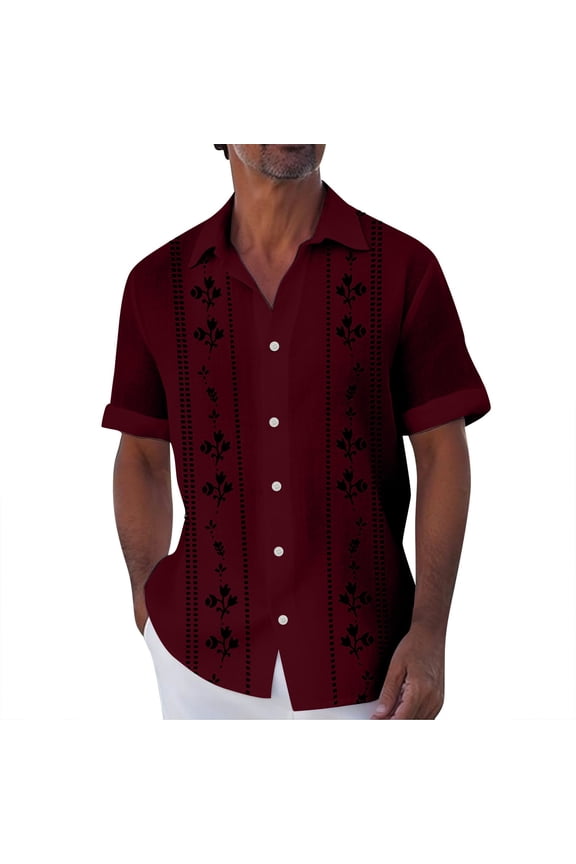 Mens Short Sleeve Guayabera Shirts Linen Cotton Button Down Mexican Embroidered Cuban Wedding Shirt Summer Tops Wine XL