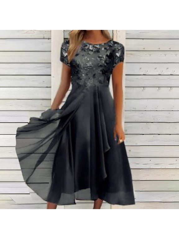 Mother of The Bride Dresses for Women Flowy Lace Chiffon Dress Elegant Formal Evening Party Gown for Wedding Black XL