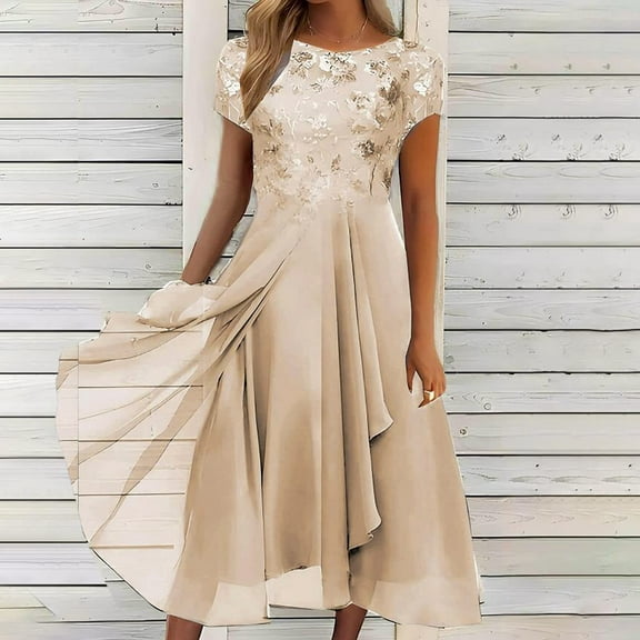 YDDIAN Mother of The Bride Dresses for Women Flowy Lace Chiffon Dress Elegant Formal Evening Party Gown for Wedding Gold L