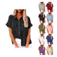 thumbnail image 1 of YDDIAN Office Shirts for Women Lightweight V Neck Basic Collared Tops Button Down Short Sleeve Fall Dressy Work Clothes Black 5XL, 1 of 5