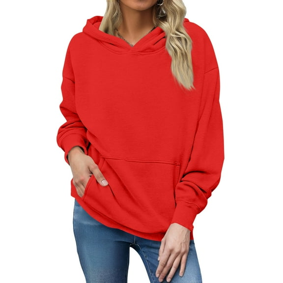 YDDIAN Oversized Crewneck Sweatshirt Women Casual Long Sleeve Fleece Hoodies Fall Fashion Drawstring Pullover Plain Sweatshirts with Pockets Red S