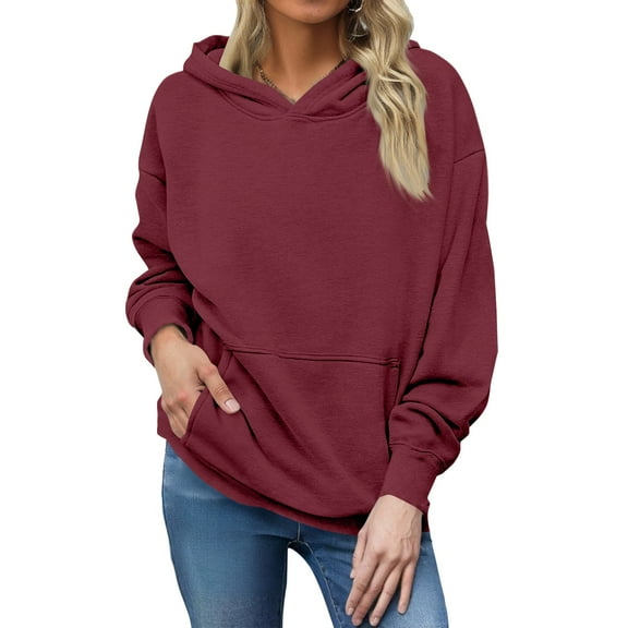 YDDIAN Oversized Hoodie for Women Cute Long Sleeve Plain Sweatshirts Drawstring Winter Y2k Crew Neck Pullover Fleece Tops with Pockets Wine S