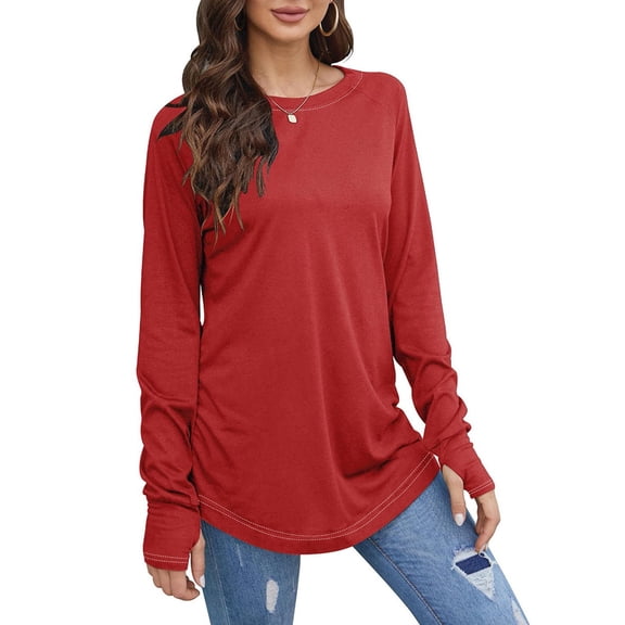 YDDIAN Oversized Tshirts for Women Plus Size Crewneck Trendy Loose Fit Tops Long Sleeve Summer Basic Tunic Tshirts with Thumb Holes Red M
