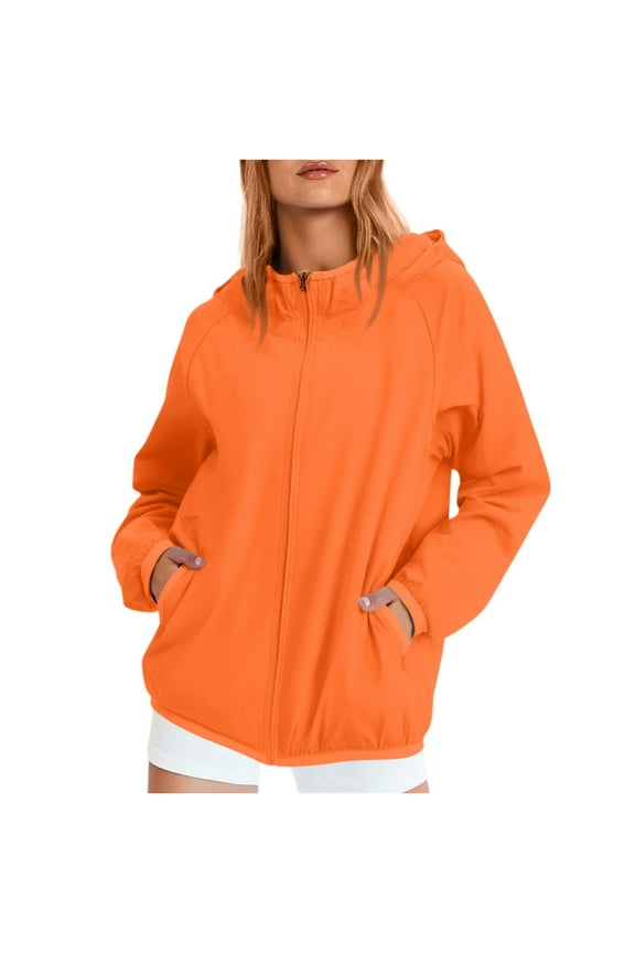 Packable Rain Jacket Women Waterproof Plain Long Sleeve Plus Size Coats with Hood Zipper Summer Outdoor Dressy Trench Coat with Pockets Orange S