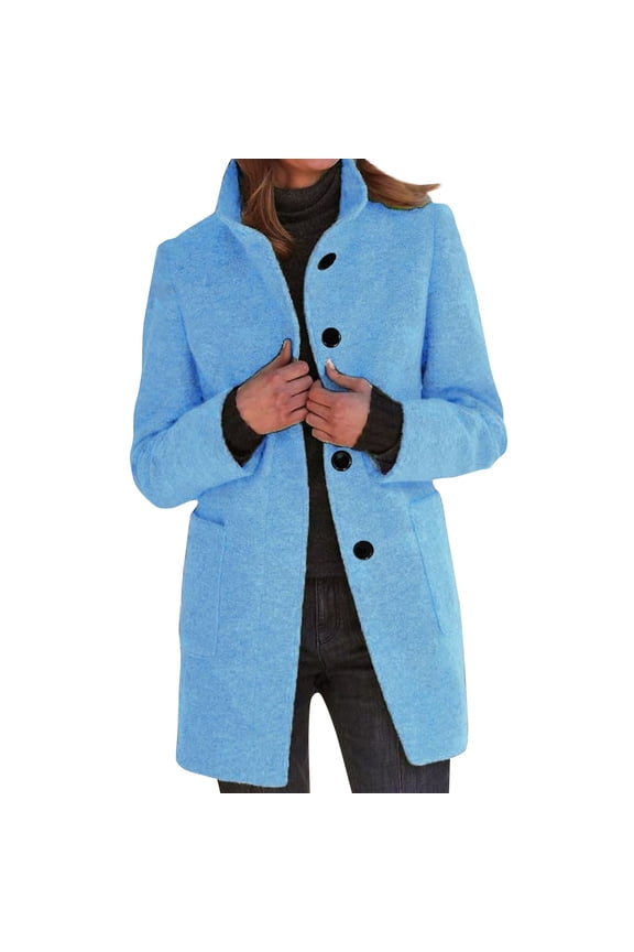 Pea Coats for Women Winter Fashion Wool Trench Coat Single Breasted Peacoat Fall Casual Stand Collar Blazer Jackets Light Blue XL