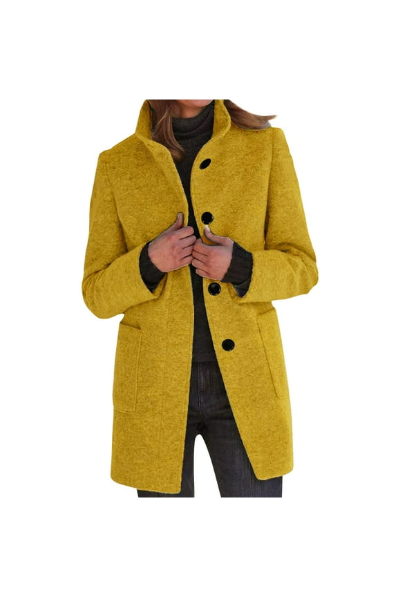 Pea Coats for Women Winter Fashion Wool Trench Coat Single Breasted Peacoat Fall Casual Stand Collar Blazer Jackets Yellow 5XL