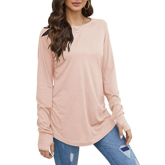 YDDIAN Plus Size Long Sleeve Shirt Trendy Loose Fit Tops Crewneck Winter Fashion Tunic Shirts with Thumb Holes Pink M