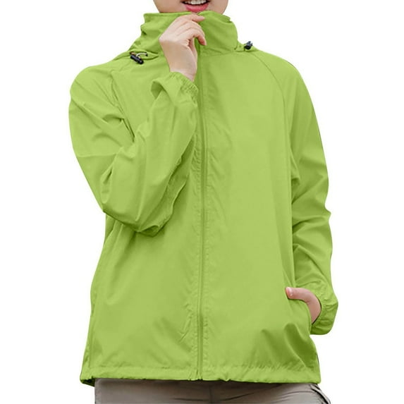 YDDIAN Plus Size Rain Coats for Women Hooded Plain Waterproof Jackets Long Sleeve Full Zip Winter Fashion Plain Packable Trench Coat with Pockets Fluorescent Green XL