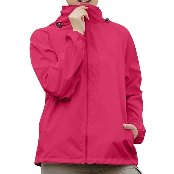 YDDIAN Plus Size Raincoats for Women with Hood Trendy Packable Jackets Zip Long Sleeve Summer Fashion Plain Waterproof Raincaots with Pockets Hot Pink XL