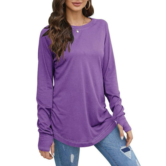 YDDIAN Plus Size Sweatshirts for Women Oversized Long Sleeve Casual Tunic Tshirts Crewneck Summer Cute Loose Fit Tops with Thumb Holes Purple L