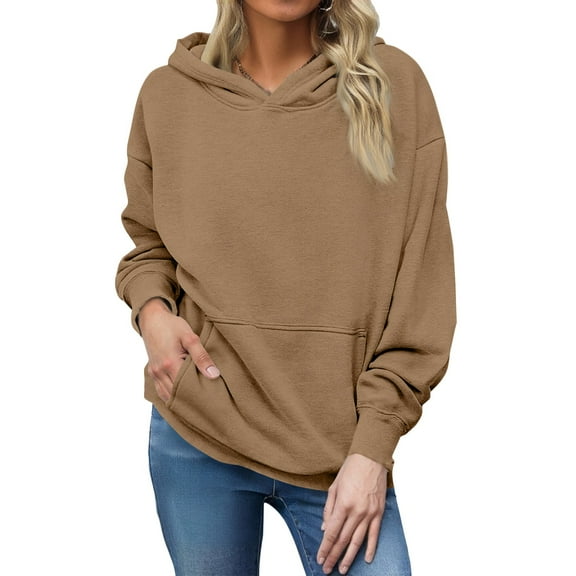 YDDIAN Pullover Sweatshirts for Women Lightweight Drawstring Oversized Plain Hoodie Crew Neck Summer Fashion Long Sleeve Sweaters Fleece Tops with Pockets Camel M