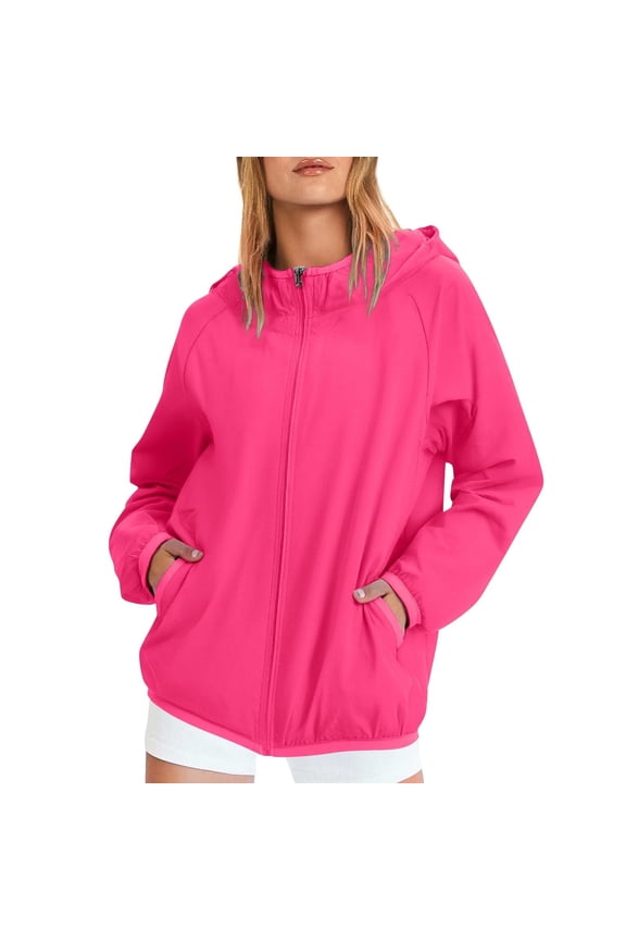 Rain Jacket Women Waterproof Lightweight Plus Size Zip Trendy Raincoats Long Sleeve Hooded Fall Travel Plain Packable Trench Coat with Pockets Hot Pink XL