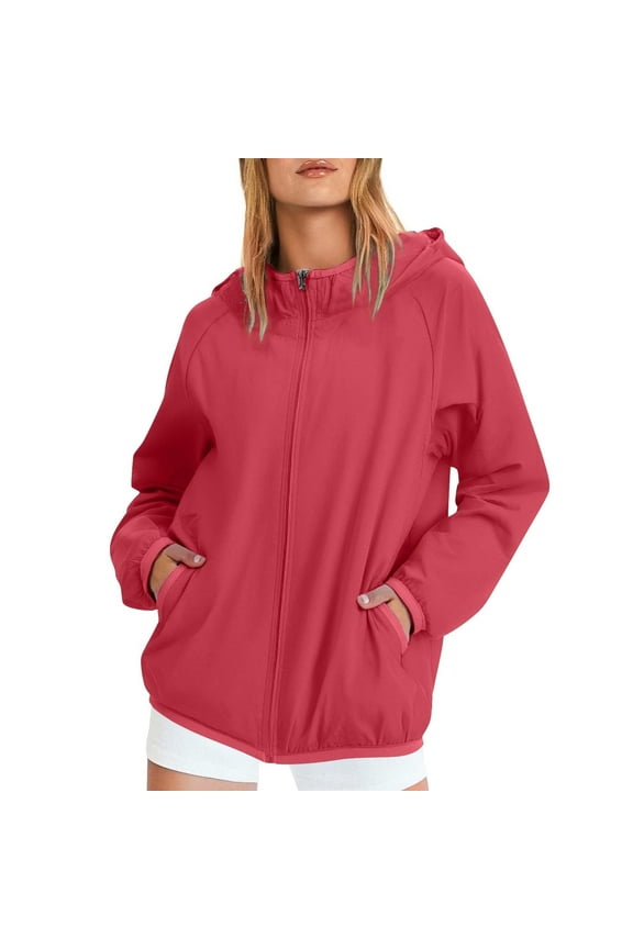 Rainjacket Women Waterproof Plus Size Long Sleeve Plain Packable Coats Full Zip with Hood Fall Fashion Travel Trench Coat with Pockets Red XL