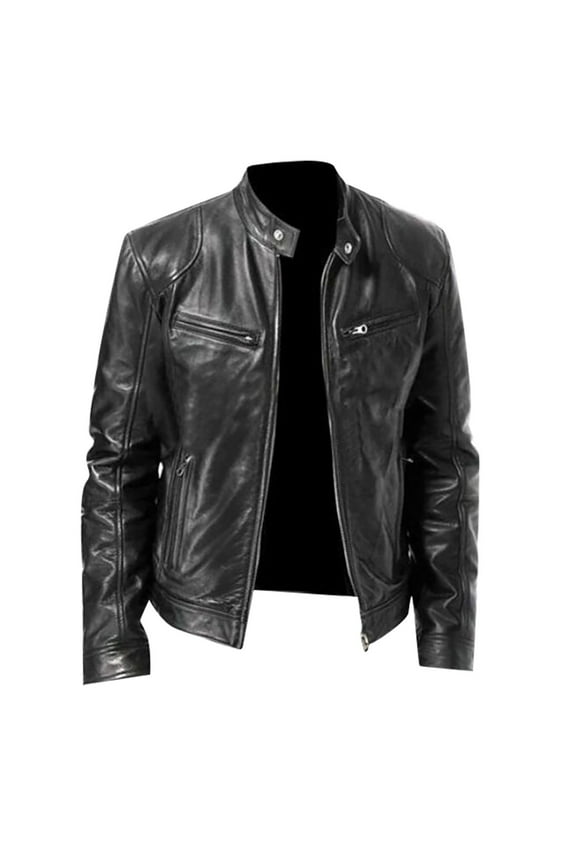 Mens Leather Jacket - Cafe Racer Style Real Lambskin Leather Jacket Men Black M