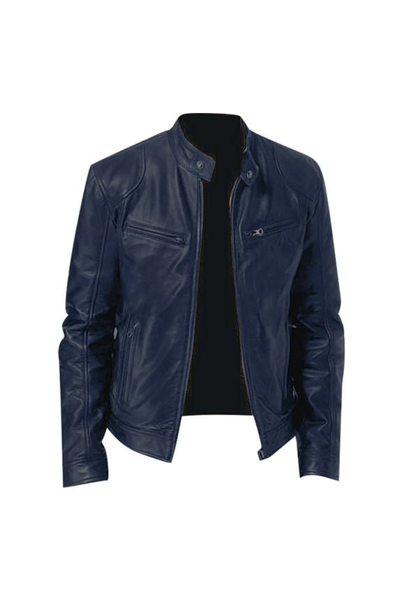 Real Lambskin Men's Leather Jackets - Cafe Racer Style Premium Leather Jacket Men Dark Blue L