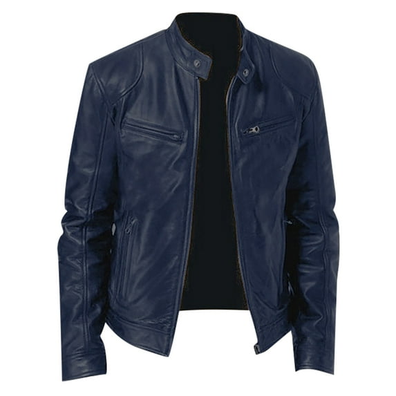 YDDIAN Real Lambskin Men's Leather Jackets - Cafe Racer Style Premium Leather Jacket Men Dark Blue XL