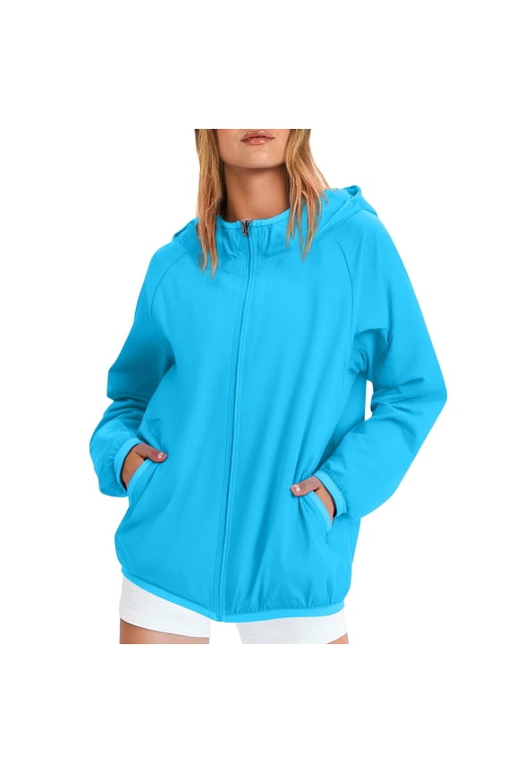 Summer Jackets for Women Lightweight Trendy Long Sleeve Plus Size Waterproof Raincoats Zipper Hooded Fall Y2k Fashion Packable Trench Coat with Pockets Sky Blue M
