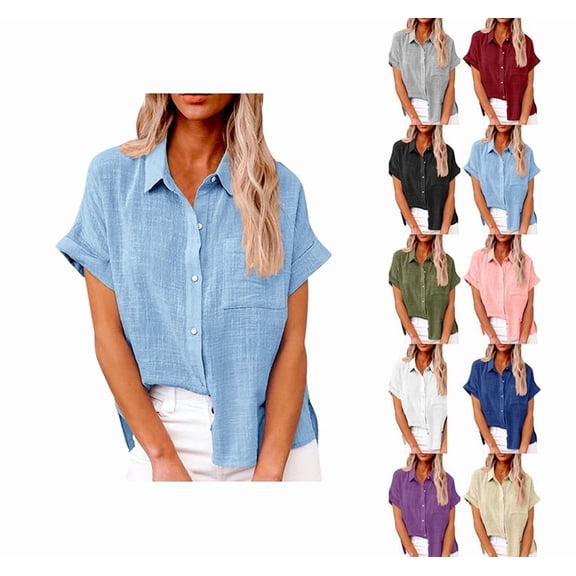 YDDIAN Summer Work Tops for Women Fashion Button Up Loose Fit Collared Shirts V Neck Short Sleeve Cute Casual Tops Sky Blue 4XL