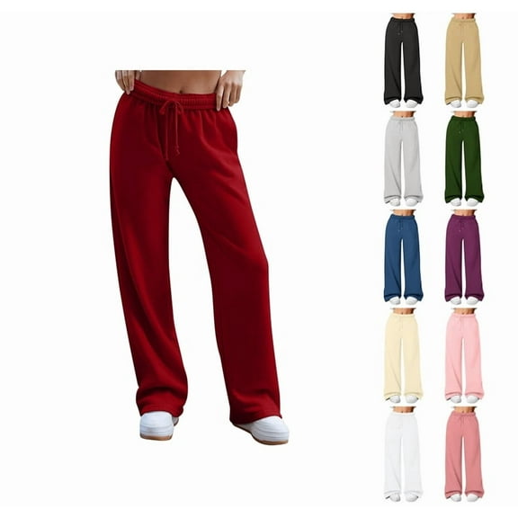 YDDIAN Sweat Pants for Womens Baggy Oversized Straight Leg Plain Wide Leg Pants High Waisted Drawstring Winter Cute Y2k Sweatpants with Pockets Wine M