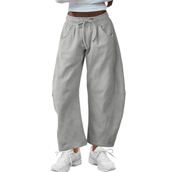 YDDIAN Sweat Pants for Womens Lightweight Elastic Waist Plus Size Barrel Leg Pants Drawstring Wide Leg Fall Hiking Fashion Joggers with Pockets Gray S