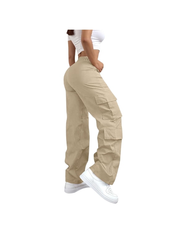 Sweatpants for Women Baggy Plus Size High Waisted Solid Color Fleece Cargo Pants Wide Leg Drawstring Winter Casual Joggers with Multiple Pockets Beige S