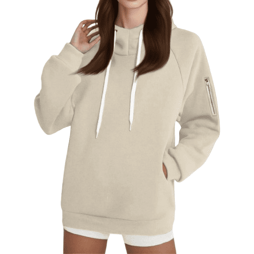 YDDIAN Sweatshirt for Women Loose Fit Long Sleeve Oversized Drawstring Hoodie Hooded Summer Casual Basic Tops with Pockets Beige L